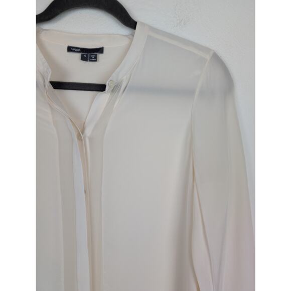 Vince Silk Shirt Blouse Hidden Button Sheer Stripe Classic Career Cream Size 4 - Picture 2 of 10
